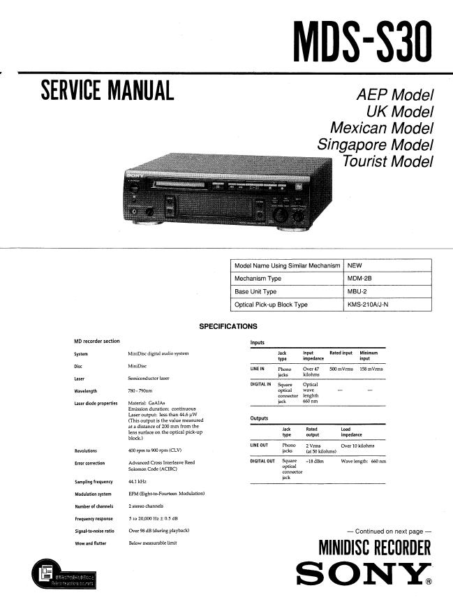 Sony MDS-S30 Service Manual