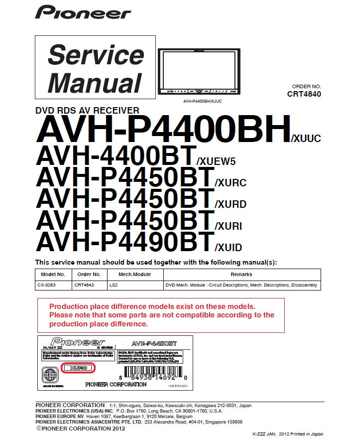 Pioneer AVH-4400BT/AVH-P4450BT/AVH-P4490BT Service Manual