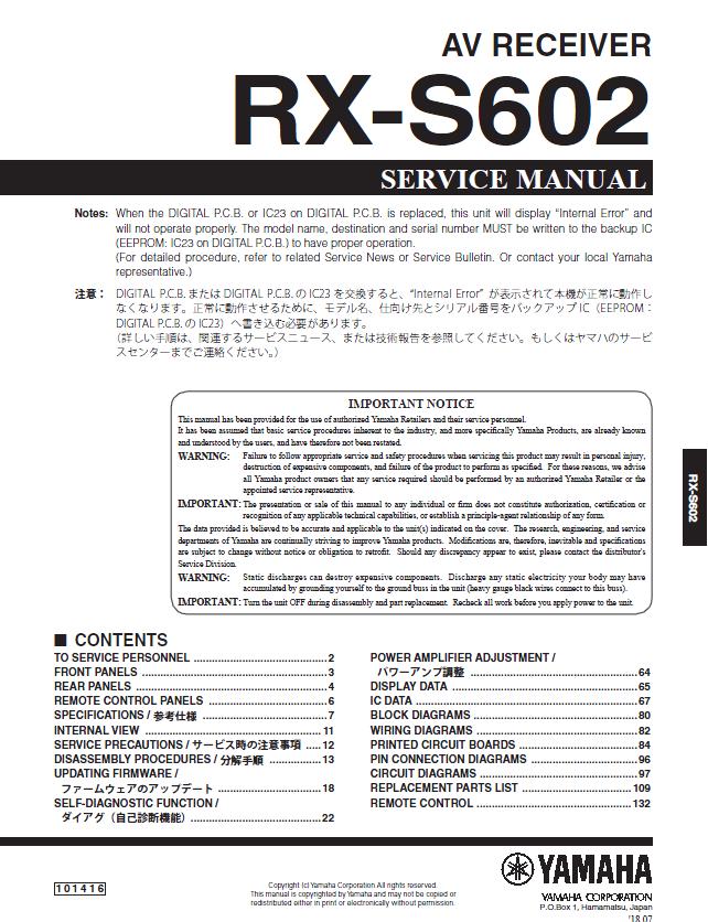 Yamaha RX-S602 Service Manual