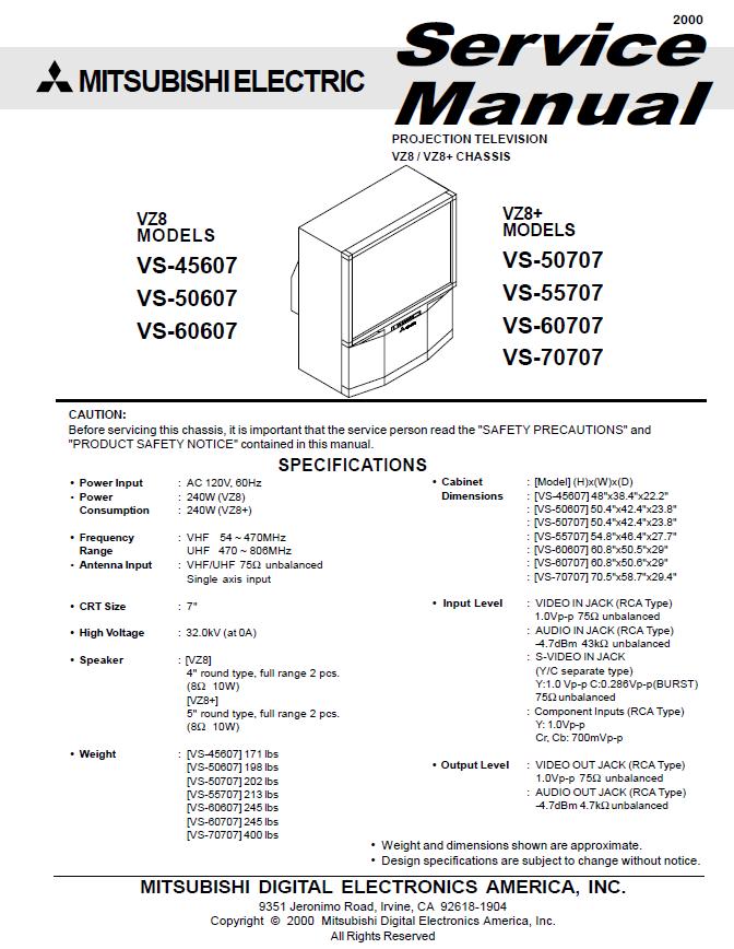 Mitsubishi VS-45607/VS-50607/VS-60607/VS-50707/VS-55707/VS-60707/VS-70707 Service Manual