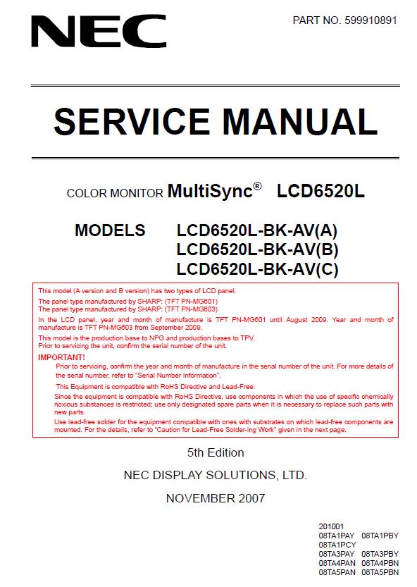 NEC MultiSync LCD6520L Service Manual