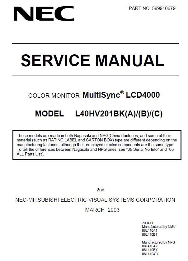 NEC MultiSync LCD4000 Service Manual