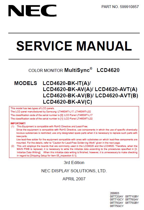 NEC MultiSync LCD4620 Service Manual
