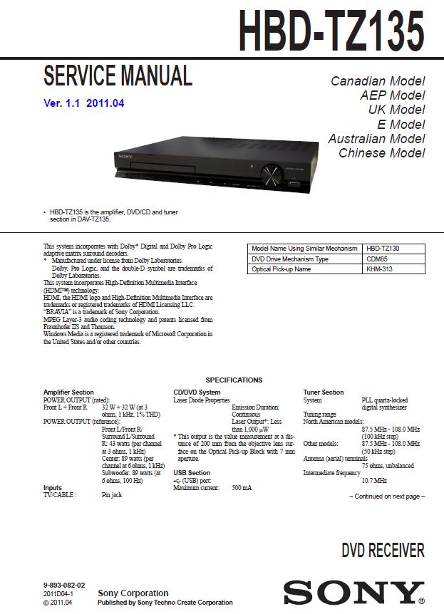 Sony HBD-TZ135 Service Manual