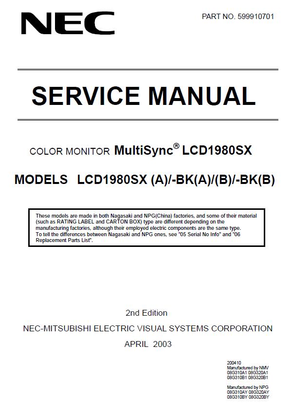 NEC MultiSync LCD1980SX Service Manual