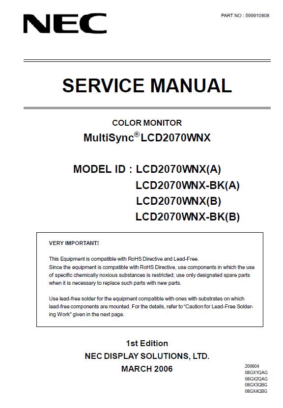 NEC MultiSync LCD2070WNX Service Manual