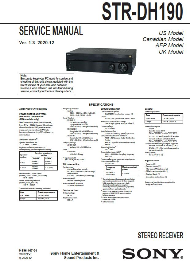 Sony STR-DH190 Service Manual