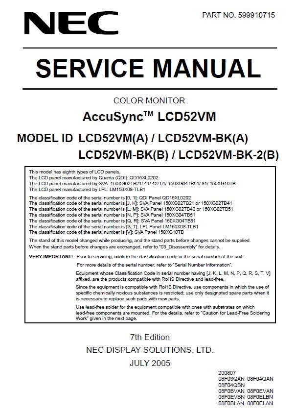NEC AccuSync LCD52VM Service Manual