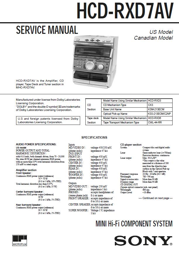 Sony HCD-RXD7AV Service Manual