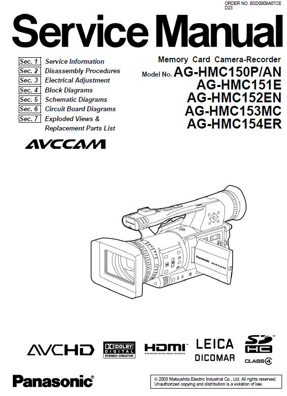 Panasonic AG-HMC150P/AN/AG-HMC151E/AG-HMC152EN/AG-HMC153MC/AG-HMC154ERP Service Manual