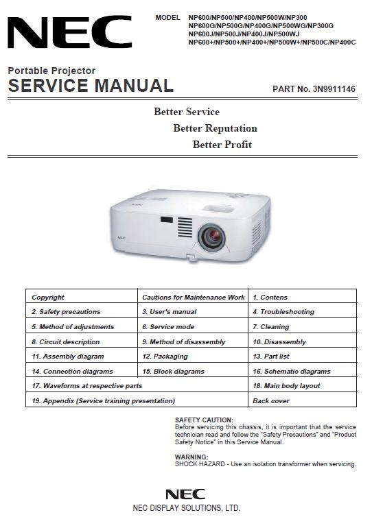 NEC NP300/NP400/NP500/NP600 Service Manual