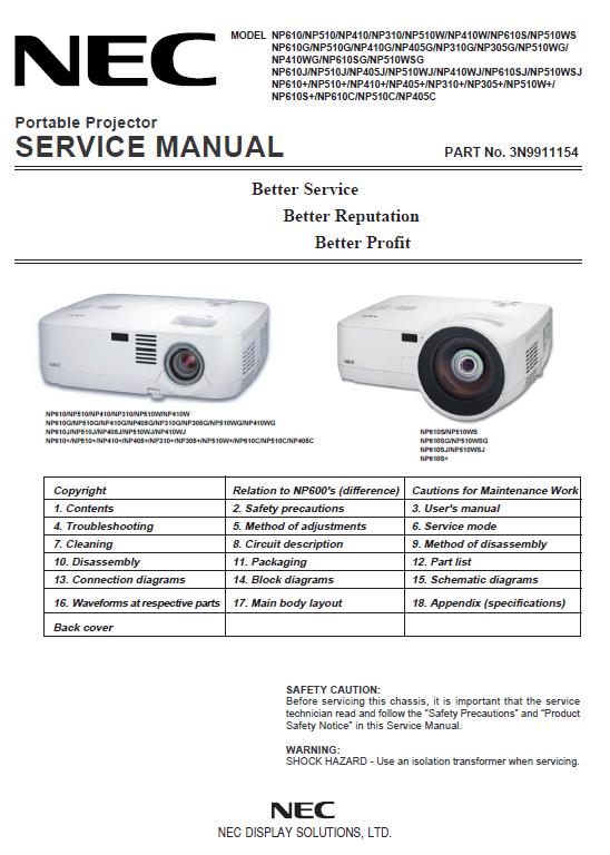 NEC NP305/NP310/NP405/NP410/NP510/NP610 Service Manual
