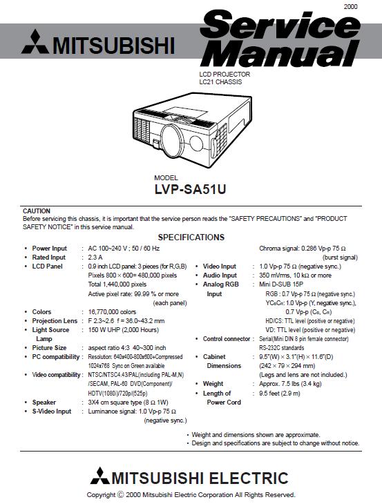 Mitsubishi LVP-SA51U Service Manual