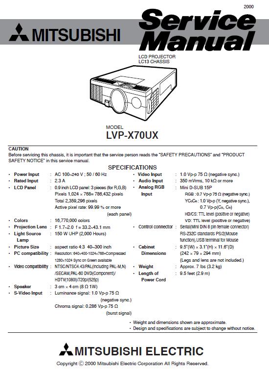 Mitsubishi LVP-X70UX Service Manual