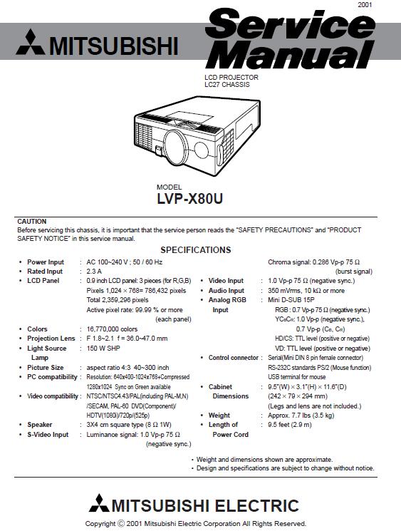 Mitsubishi LVP-X80U Service Manual