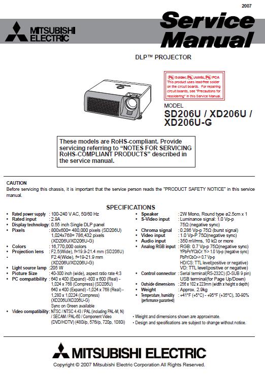Mitsubishi SD206U/Mitsubishi XD206U/Mitsubishi XD206U-G Service Manual