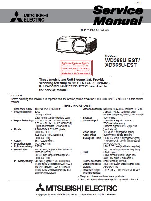 Mitsubishi WD385U-EST/XD365U-EST Service Manual