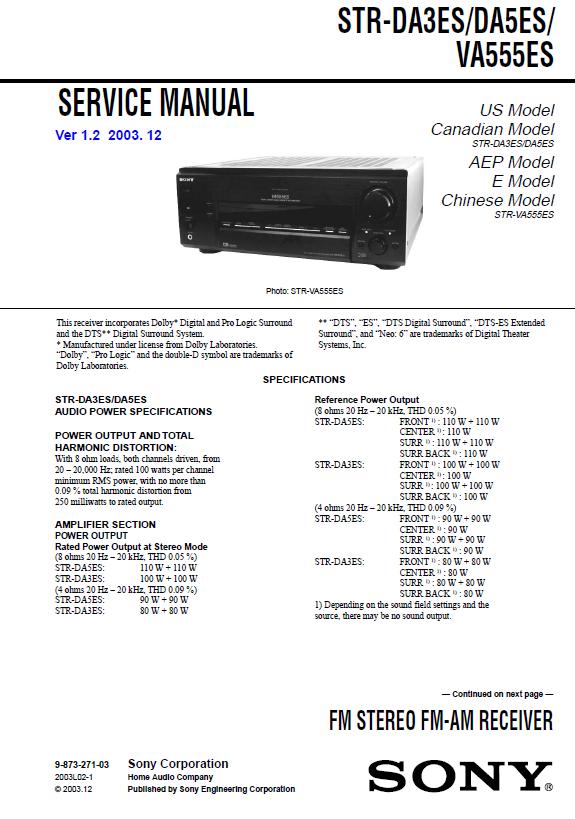 Sony STR-DA3ES/DA5ES/VA555ES Service Manual