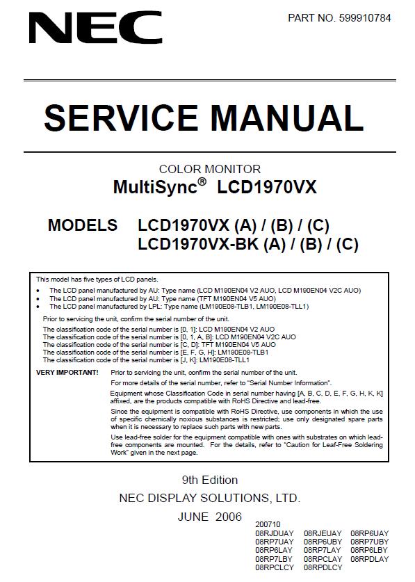 NEC MultiSync LCD1970VX Service Manual