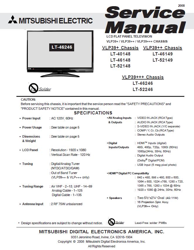 Mitsubishi LT-40148/LT-46148/LT-46149/LT-46246/LT-52148/LT-52149/LT-52246 Service Manual