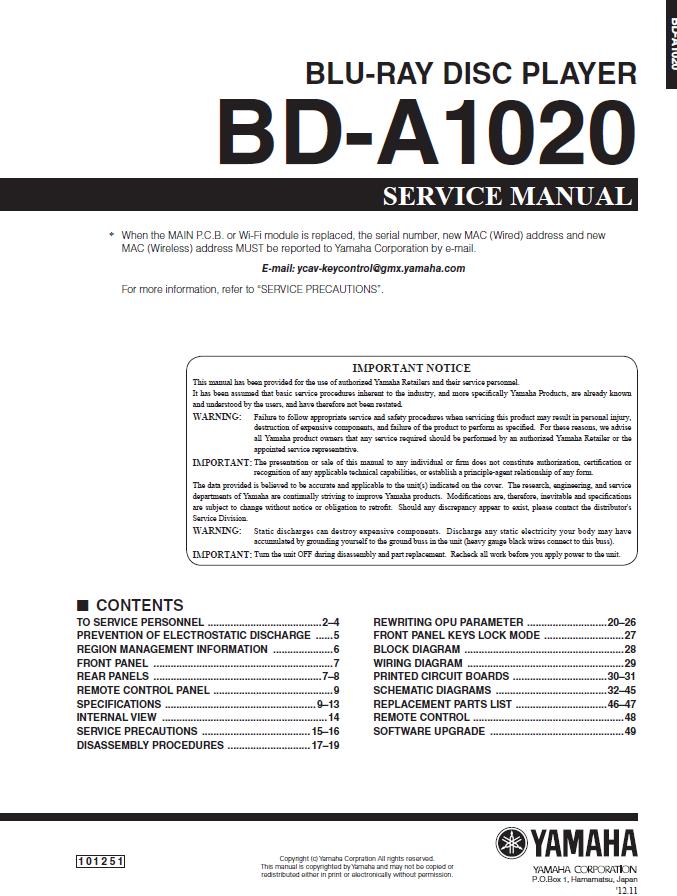 Yamaha BD-A1020 Service Manual