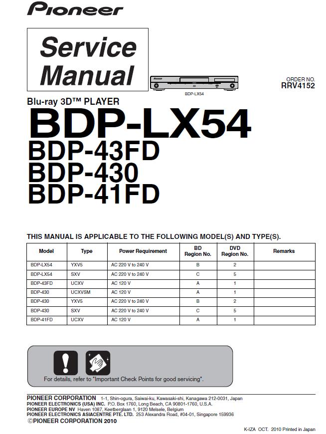 Pioneer BDP-41FD/BDP-43FD/BDP-430/BDP-LX54 Service Manual