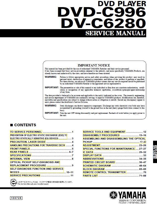 Yamaha DV-C6280/DVD-C996 Service Manual
