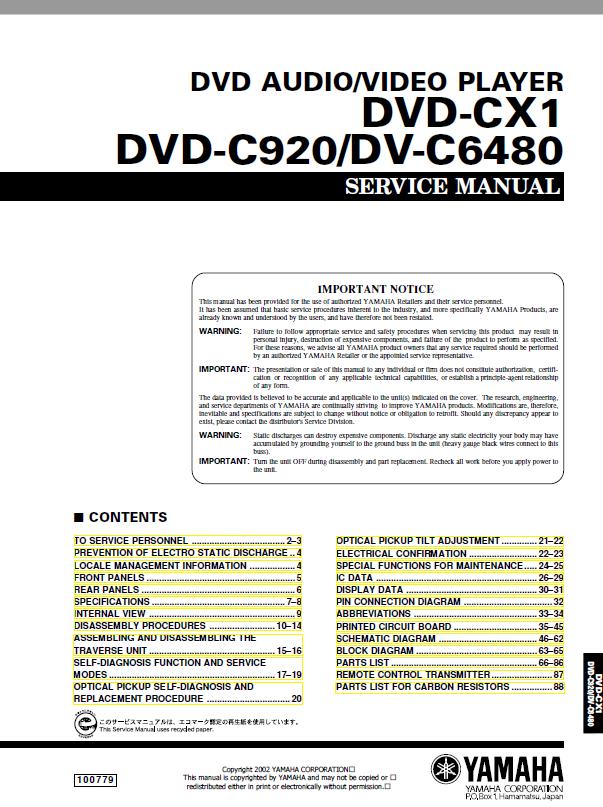 Yamaha DVD-C920/DV-C6480/DVD-CX1 Service Manual